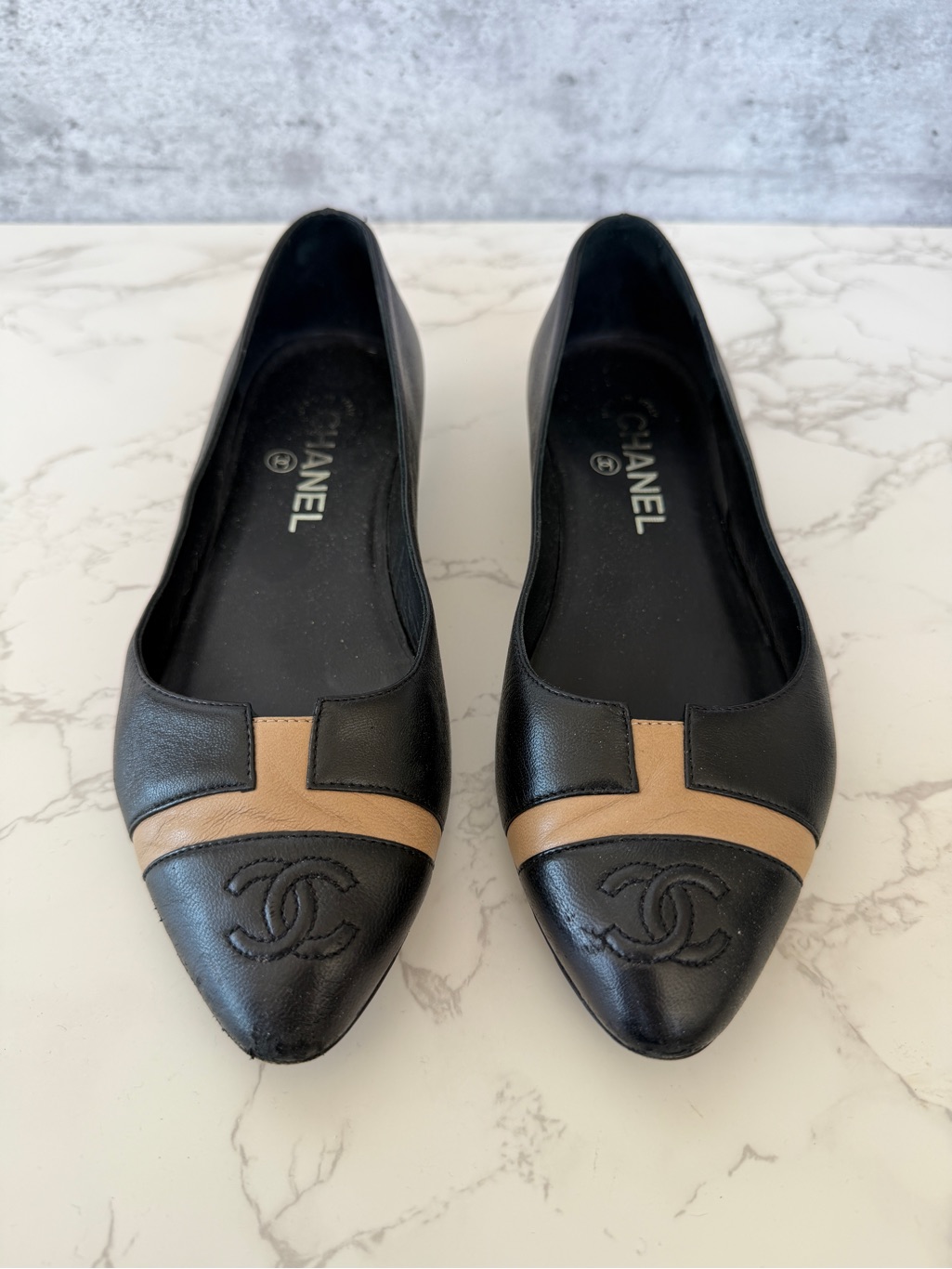 Chanel Black And Tan Pointed-Toe Leather Ballet Flats